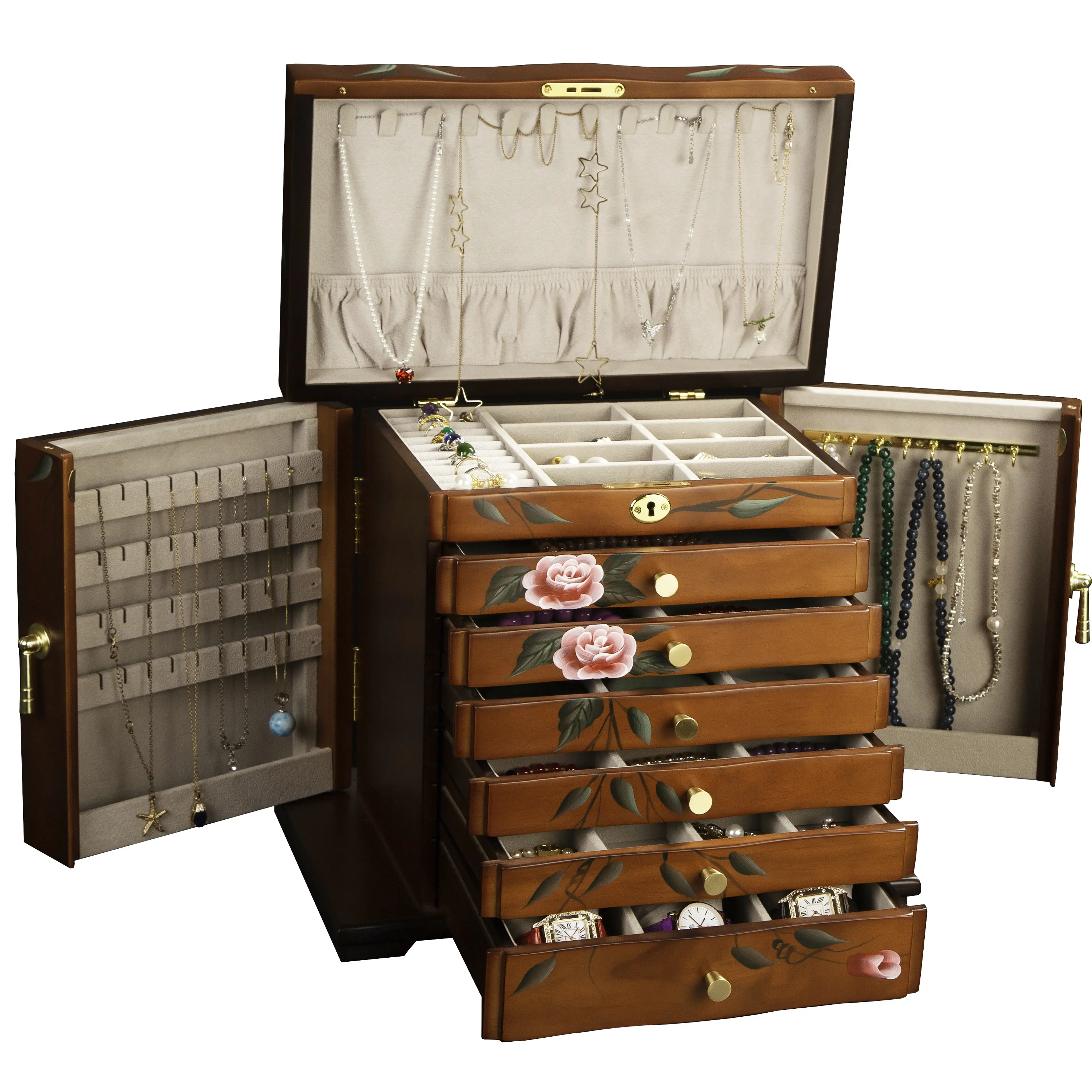 Xloverise Hand-Painted Wooden Jewelry Box,jewelry boxes for women，jewlrey box&organizers with necklace hanger,jewerly organizer,10-layer large capacity jewelry storage box for jewelry