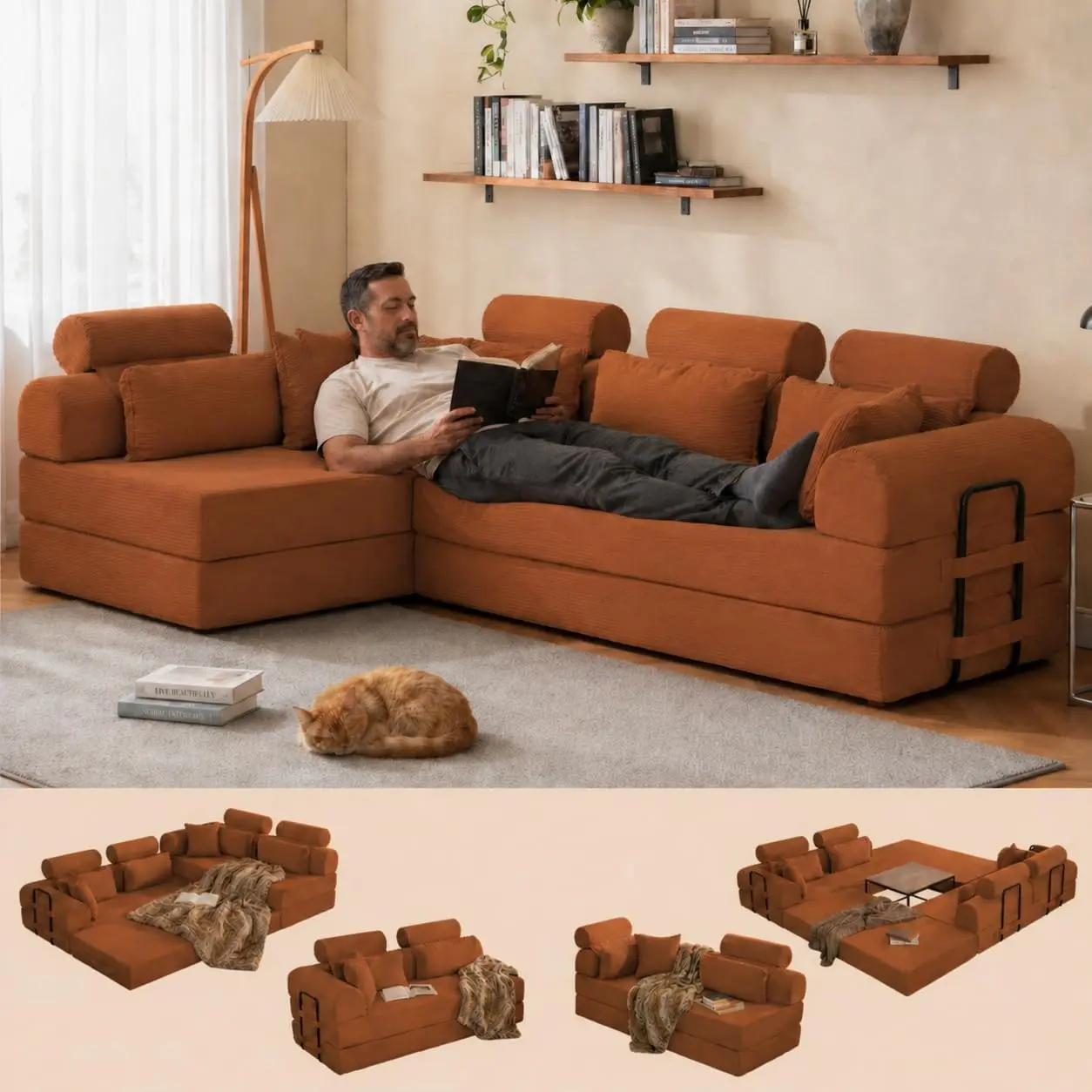 106” Cloud Sectional Couch, 4-in-1 L-Shaped Sofa with Right Facing Chaise, Corduroy Boneless Couches, Compressed Modular Sectional Sofa with Deep Seat, High Backrest Headrest (Orange)