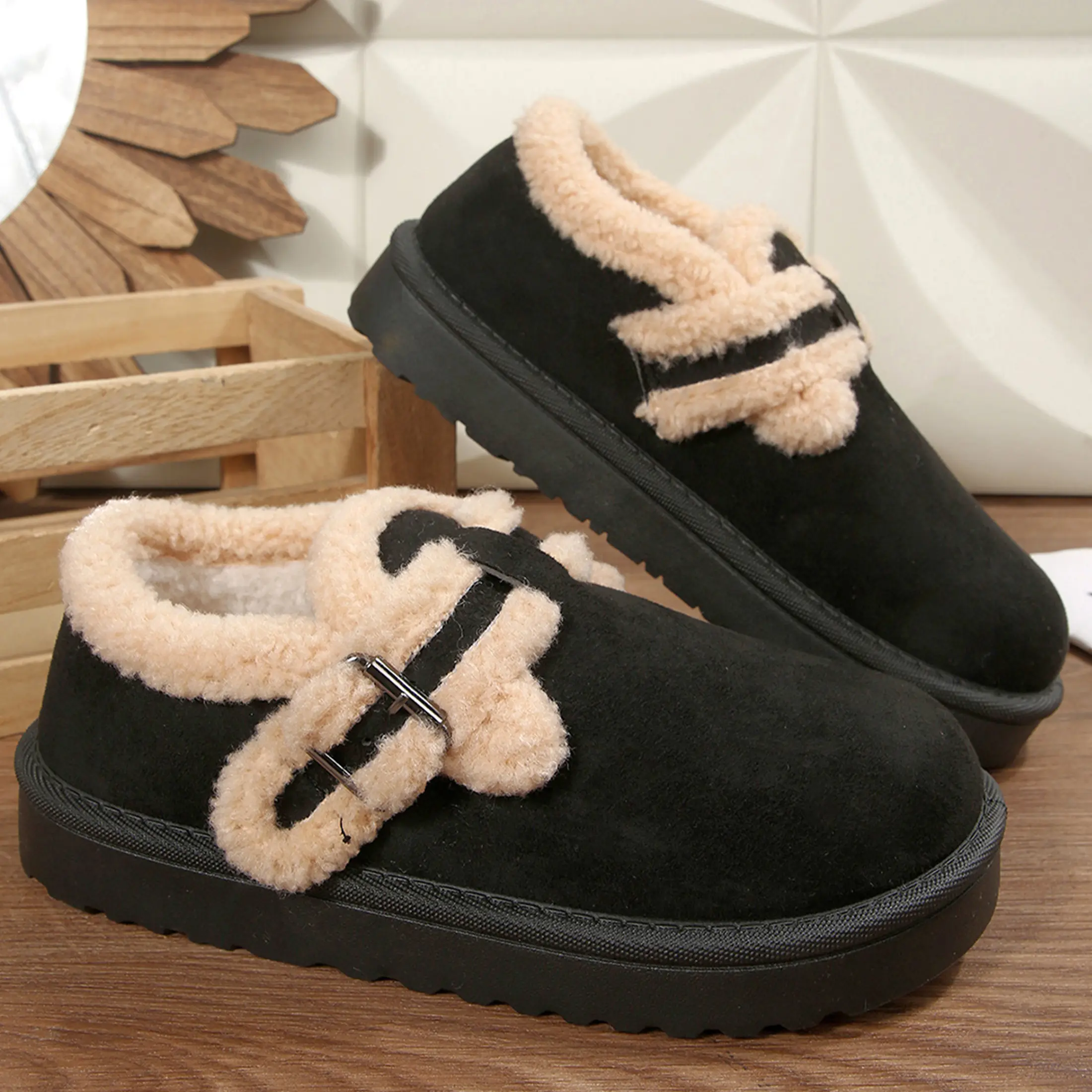 Fuzzy Fleece Clog Slippers for Women Buckle Strap Chunky Sole Mini Snow Boot Warm House Indoor Outdoor Shoes