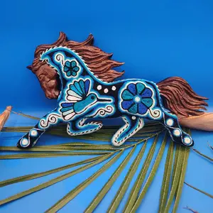 Wixarika Handcrafted Wooden Horse Decorated with Embroidered Hilo Estambre Artisanal Wixarika Craftsmanship