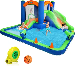 JOYMOR Inflatable Water Slide Bounce House for Kid 3-6, 30s Blow Up Water Slide w/Basketball Hoop, Water Cannon, Ring-Toss Game, Inflatable Water Bounce House w/Slides, Air Blower (Blue/Green)