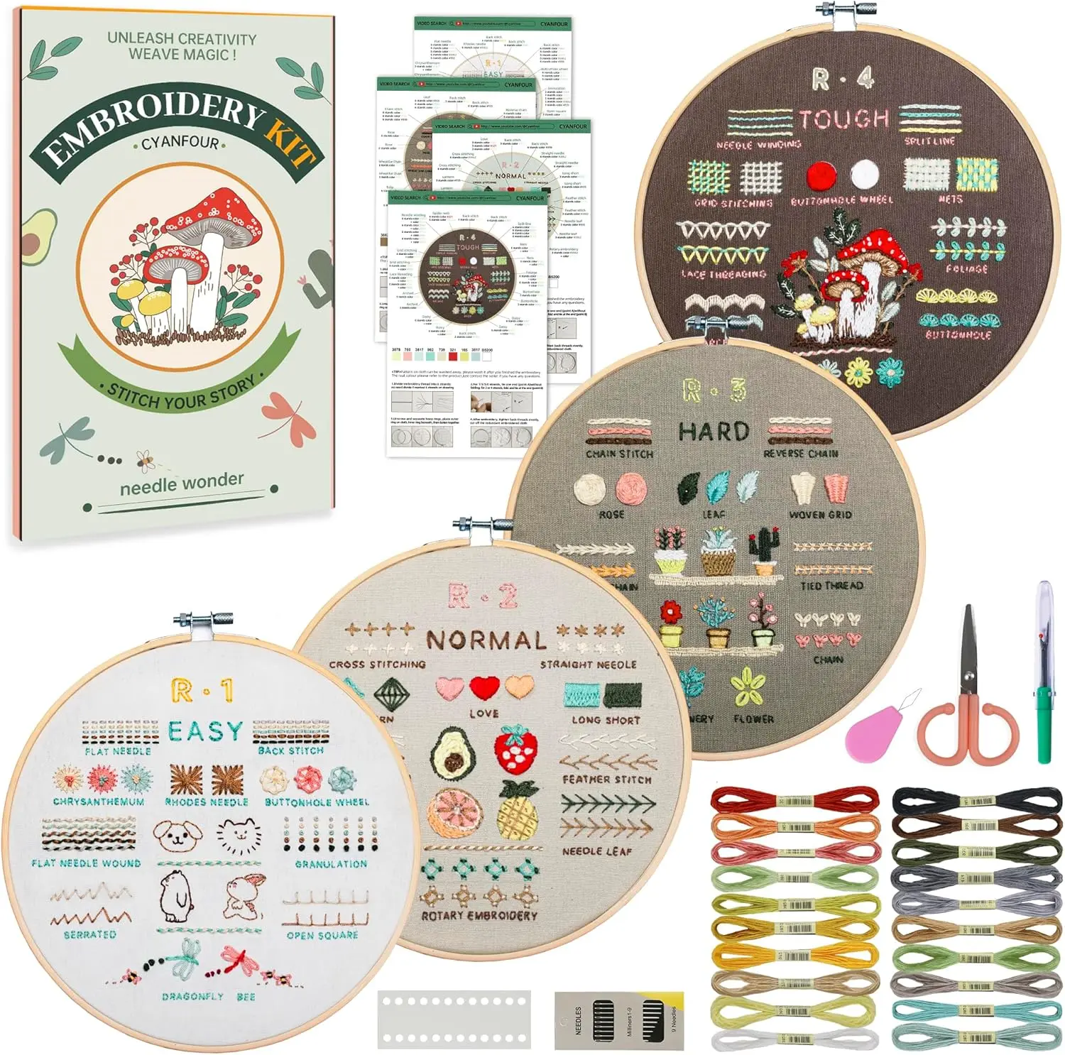 Embroidery Kit for Beginners, 4 Stages to Learn 38 Stitches, with Step-By-Step Instructions and Clear Videos, Includes Multiple Accessories, Gift for Craft Lovers.(4 Stage) CYANFOUR