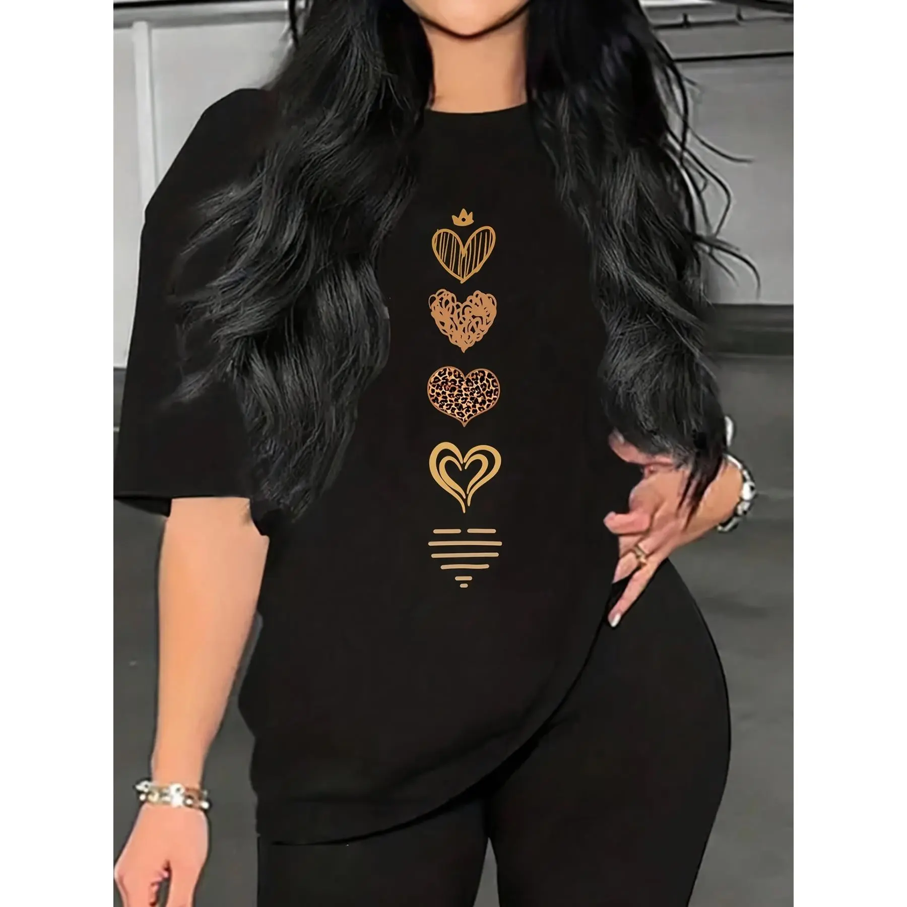 Women's Original Soft Combed Cotton Heart Printed Oversized Short-Sleeve T-Shirt - Lightweight Breathable Fabric, Casual Streetwear Style Summer OOTD Top, Free Return & Exchange, Tops, Casual Wear, Breathable Light, Oversized Loose, Short Sleeves, Dry Cle