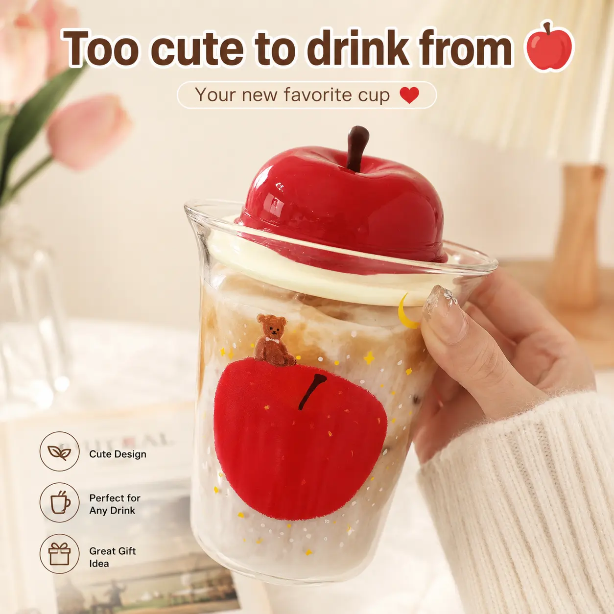 Cute Apple Glass Cup with Lid  Aesthetic Drinking Glass for Coffee, Milk & Juice