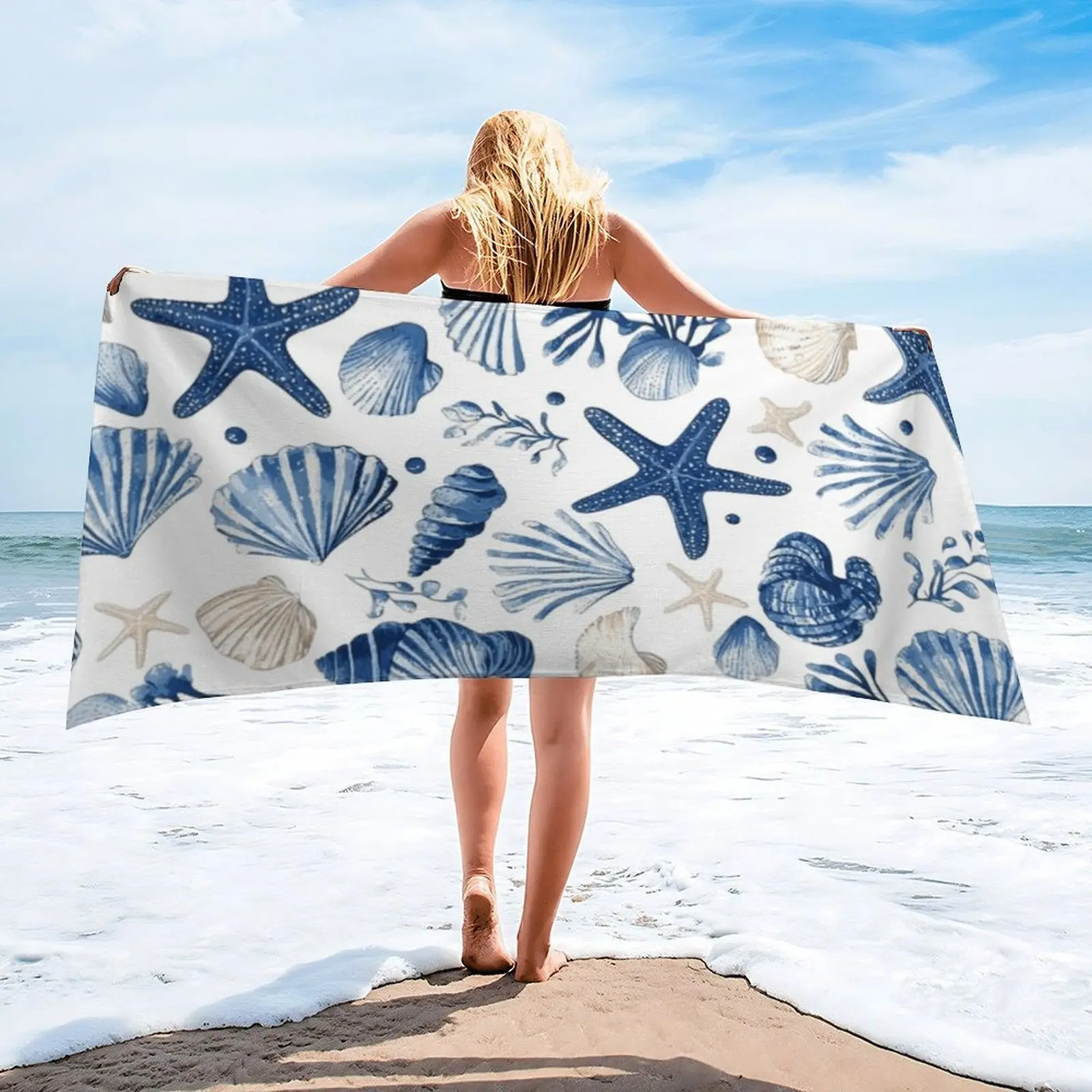 Microfiber Beach Towel for Adults - 31x61 Inch Sand Free Oversized Towel, Quick Dry & Super Absorbent Travel Towel, Navy Blue Sea Shell & Starfish Print Lightweight Large Bath Towel for Swimming, Pool, Gym, Yoga, Camping, Cruise Essentials