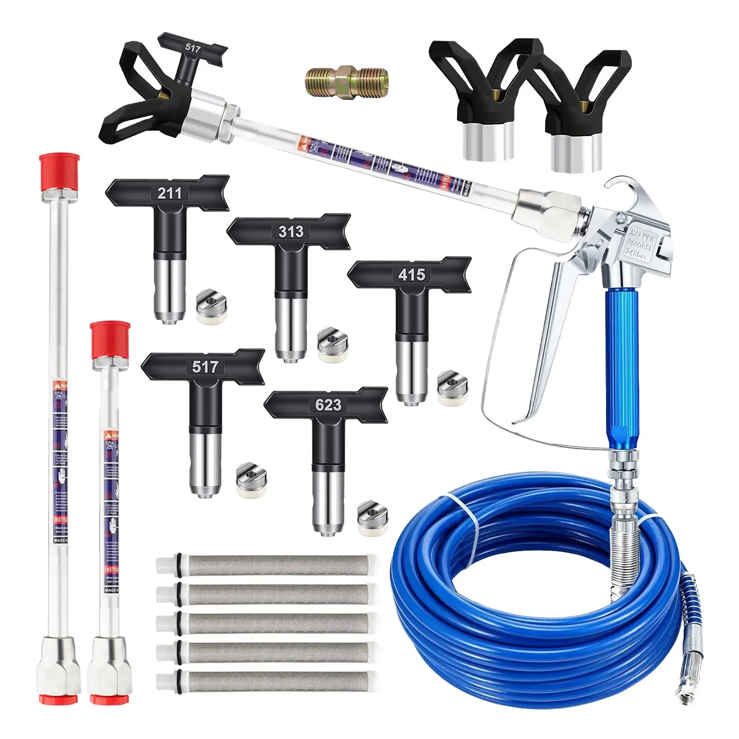 17-Piece Professional Paint Sprayer Tool Set, Featuring a 32.8 ft High-Pressure Hose, 1 Premium Airless Spray Gun, 5 Reversible Nozzles, 5 Spray Gun Filters, 1 High-Pressure Hose Connector, 2 Nozzle Guards, and 2 Tip Extension Tubes.