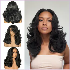 [Detroit Layers] Beginher Hair Extra Full & Voluminous 20 inches Middle Part Heat Resistance Fiber 250% Density Big-Head Friendly Kash Doll Curl Farrah Fawcett Layers 4x4x1 T-Part Lace Synthetic Pre-Cut Glueless Wigs Natural Black Color