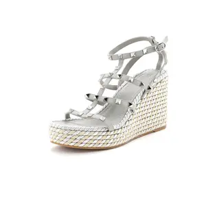 Pre-owned Valentino Garavani Women's Rockstud Caged Wedge Sandals Leather with Rope Detail by Rebag