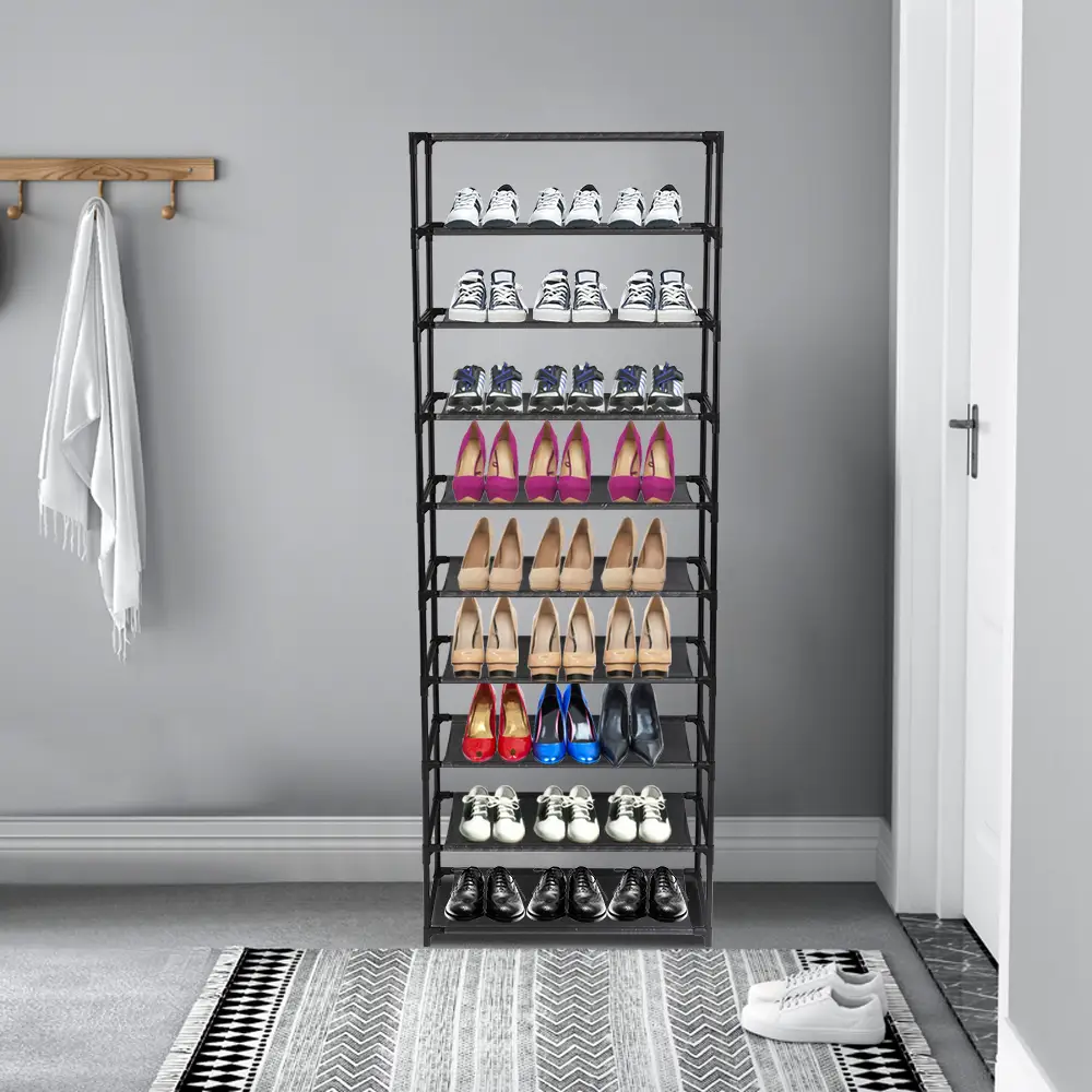 10-Tier Stackable Shoe Rack Storage Shelves - Stainless Steel Frame, Holds 50 Pairs of Shoes, Space-Saving Design, Easy Assembly, Dustproof & Stable, 