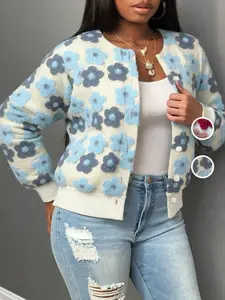 Women's Floral Jacquard Button Front Fitted Coat Womenswear, Casual Long Sleeve Round Neck Outerwear for Daily Wear, Ladies Clothes for All Seasons