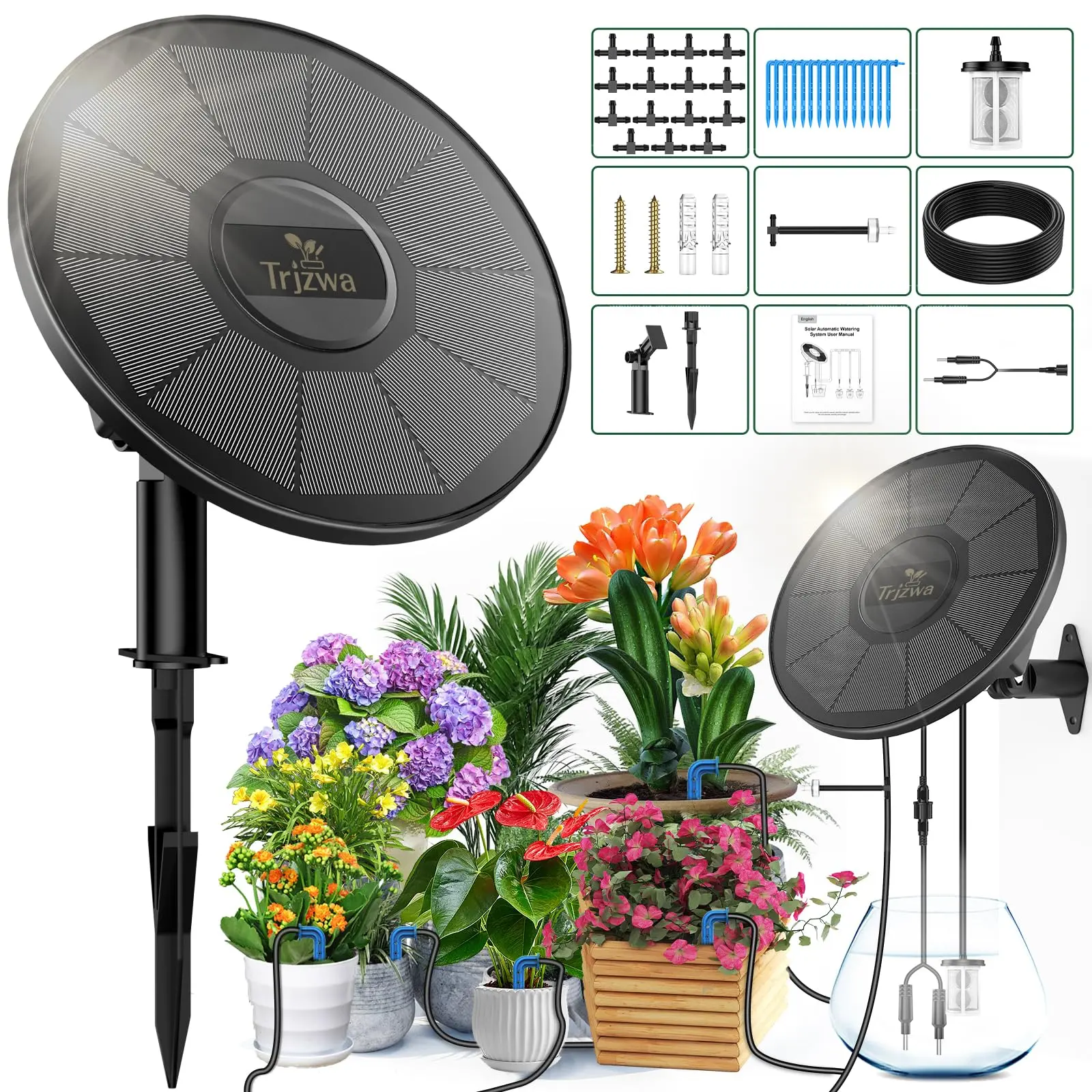 TRJZWA Solar Irrigation System Kit,2026 New Solar Garden Irrigation System DIY Automatic Watering System,2200mAh Solar Drip Irrigation System with 15 Drippers/15m Watering Hose/Early Warning Function