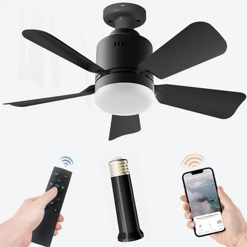 E27 Screw-In Black Small Fan-Light Combo with Remote, 3500K LED Bulb, 1000 Lumens, 12W Power, Fan for Bedroom, Indoor Use, Home Improvement Novelty Lighting for Kitchen
