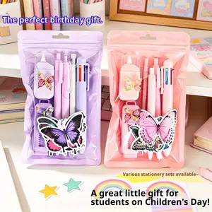 1 set of 7-piece creative themed stationery set, student study supplies, with three themes: butterfly theme, donut theme, and black cat theme. It includes pencils, 6-color fountain pens, neutral pens, erasers and stickers, Perfect holiday gift