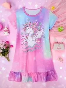 Girl's Cartoon Unicorn Print Ruffle Hem Short Sleeve Nightdress, Cute Casual Soft Comfortable Round Neck Nightgown for Daily Home Wear, Kids Sleepwear for Summer Pajamas