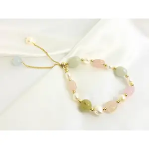 TD Loretta Bohemian Gold Plated Beaded Bracelet Cross and Ball Shaped with Pearls and Diamonds Religious Style Bangles