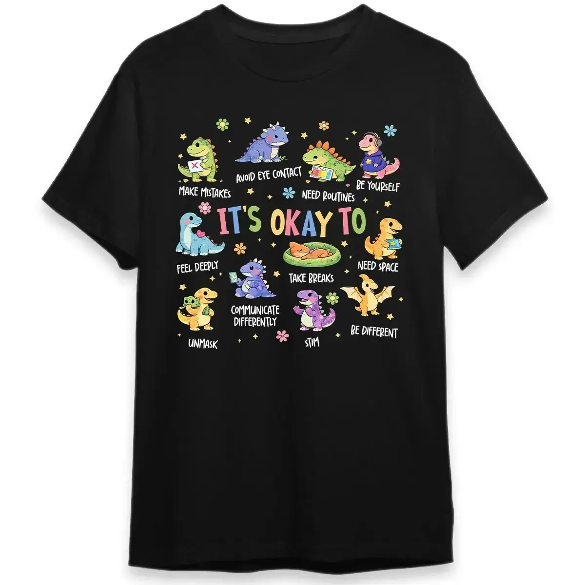 Autism Awareness Dinosaur Comfort Colors T-Shirt: It's Ok To Be Different Shirt, Autism Mom Shirts, SPED Teacher Neurodiversity Tee Casual Comfy Tee Casual Letter Print