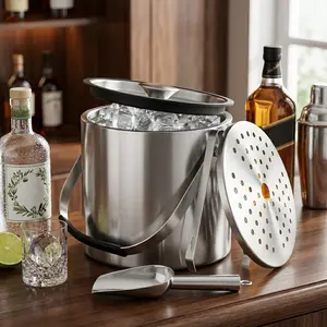 1.06-gallon ice bucket with lid, spoon, clip, and strainer; double-layer stainless steel ice bucket suitable for parties, cocktail bars, chilling wine, and champagne; large outdoor champagne ice container