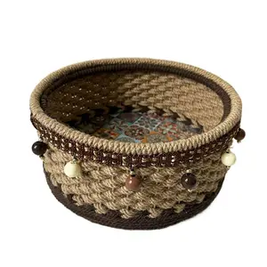Hemp rope hand-woven DIY pastoral round sundries basket, retro color matching woven basket 20/23/25 cm multi-size optional, desktop storage artifact, cosmetic storage box, home high-value ornament