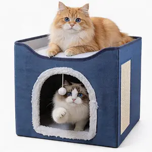 Cat Houses for Indoor Cats - Large Cat Bed Cave with Scratch Pad and Fluffy Ball, Foldable Cat Condo Hideaway with Reversible Cushion, All Seasons Use, for Multiple Small Pets, Dark Ivory Apartment, Easter