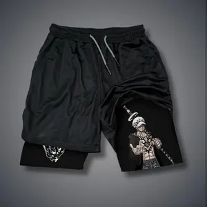 One Piece 80s 90s Double-Layer Sports Shorts Graphic Shorts Black Camo Streetwear Shorts Men Outfits Men Vacation Outfits Shorts