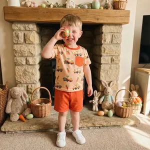 Easter Toddler Boys 2 Piece Outfits Adorable Carrot Car Print Short Sleeve Round Neck Tops and Shorts Set