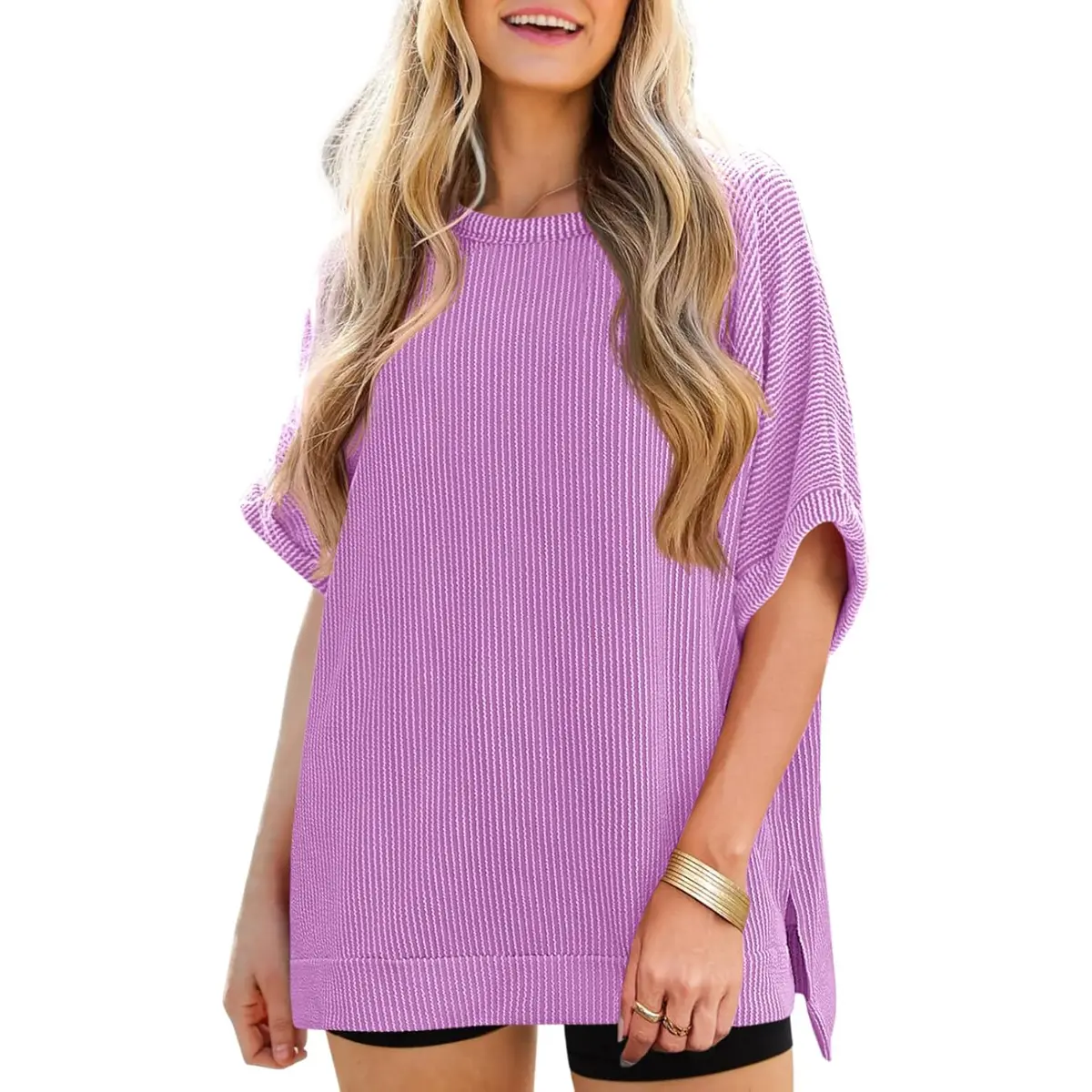 Tankaneo Oversized Ribbed Tee S-3XL| Batwing Sleeve Tunic Tops for Women, Loose Fit Summer Shirt
