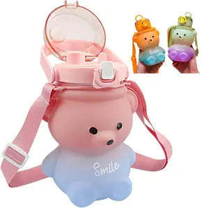 Gradient Cute Bear Water Bottle 28oz Kawaii Kids Water Bottles with Strap and Straw Leak-proof Plastic Drinking Cups for Girls Women School Sports Camping Picnic Hiking Travel Drinkware