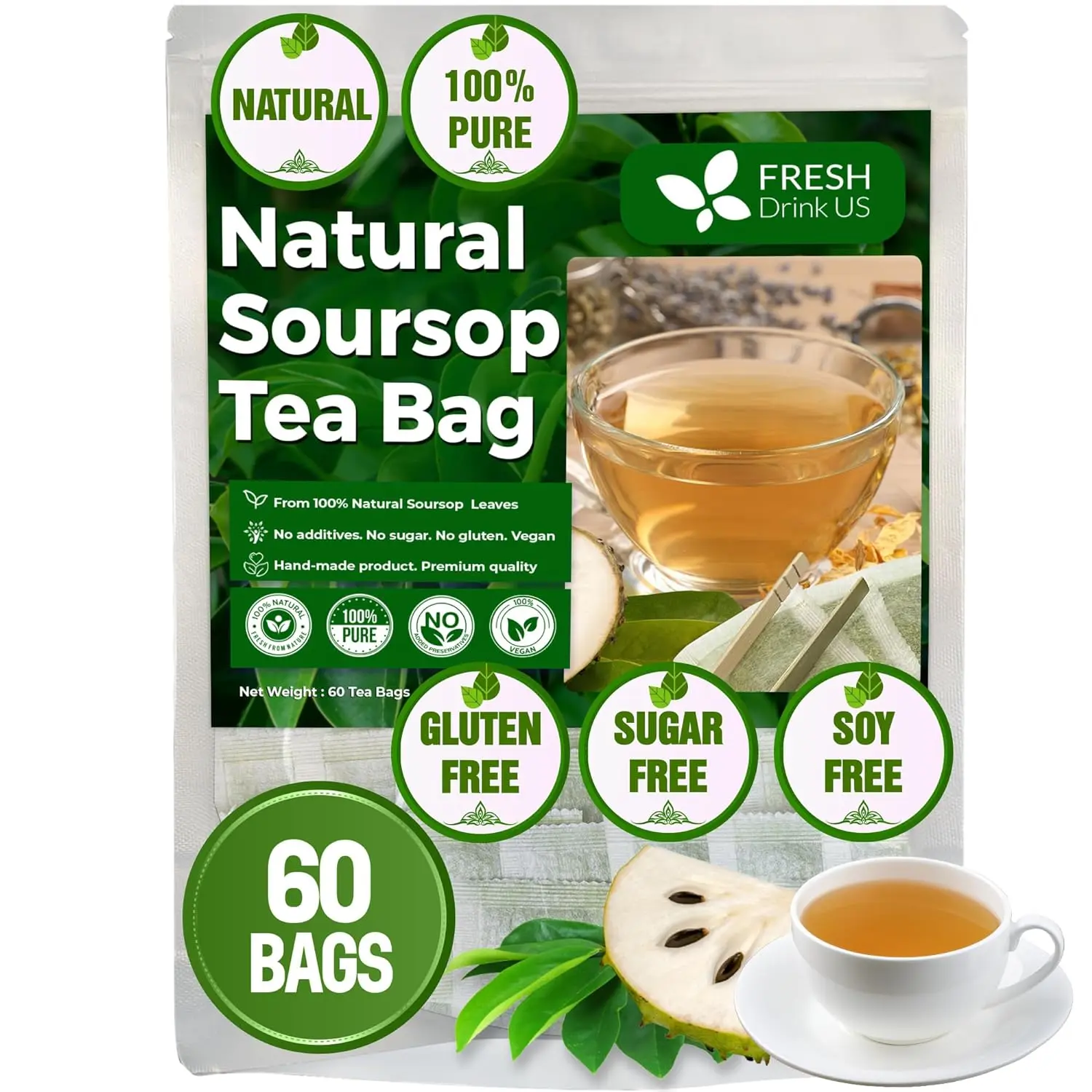 Té de Hojas de Guanábana, Graviola Leaf Tea Bags, Té Herbal de Hojas Naturales, Hojas Guanábana Premium 100% Natural, Sin Azúcar, Sin Cafeína, Nutrient-Rich & Caffeine-Free,  Digestive Support