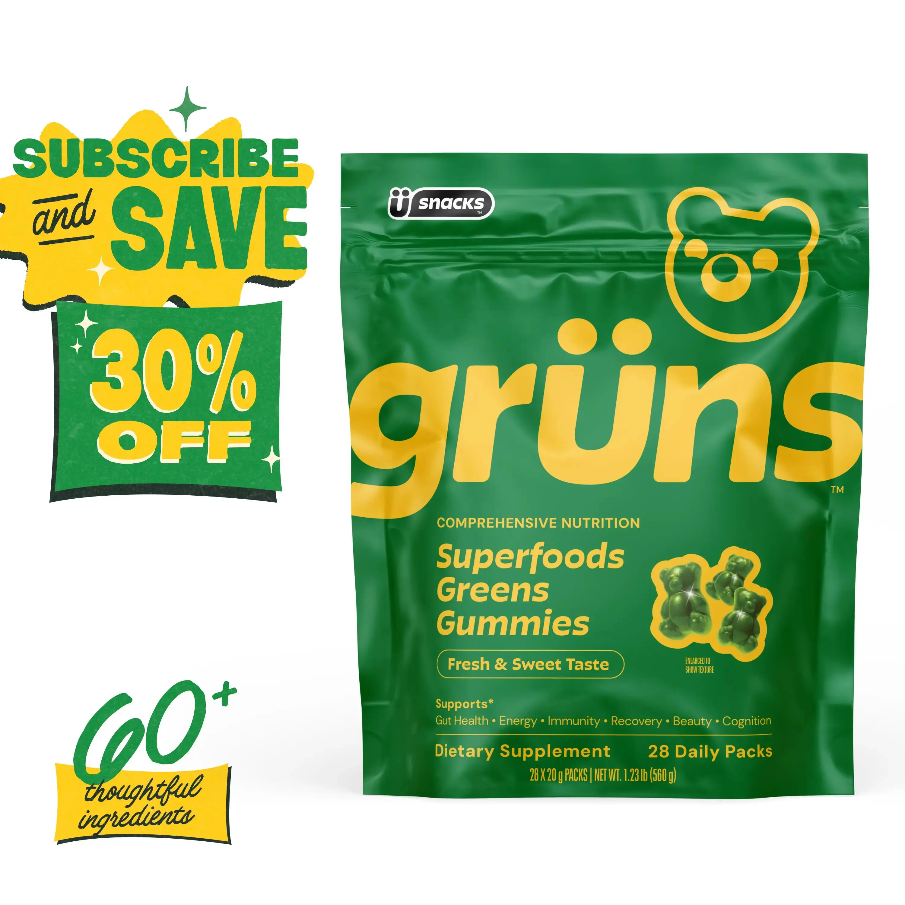 Grüns Superfood Greens Gummies: Comprehensive nutrition supplement with 60+ ingredients: Vitamins and Minerals, Prebiotics for Digestive Health, Adaptogens, Chlorophyll, Chlorella, Fruits and Vegetables, Gluten Free, Vegan, Third Party Tested