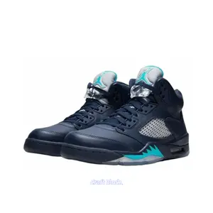 Midnight Blue Smooth Leather High-Top Retro Basketball Shoes with Silver 3M Reflective Mesh and Aqua Flame Pattern