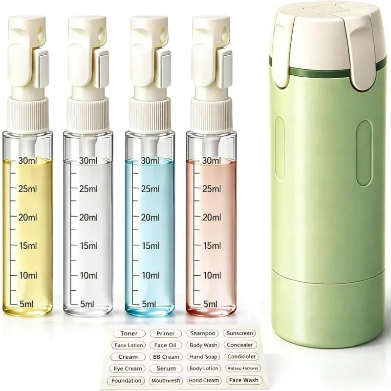 4-in-1 Travel Dispenser Bottle 4-in-1 rotatable design, leakproof hard shell, 4x30ml/1oz liquid containers, carry-on approved, essentials for women&men