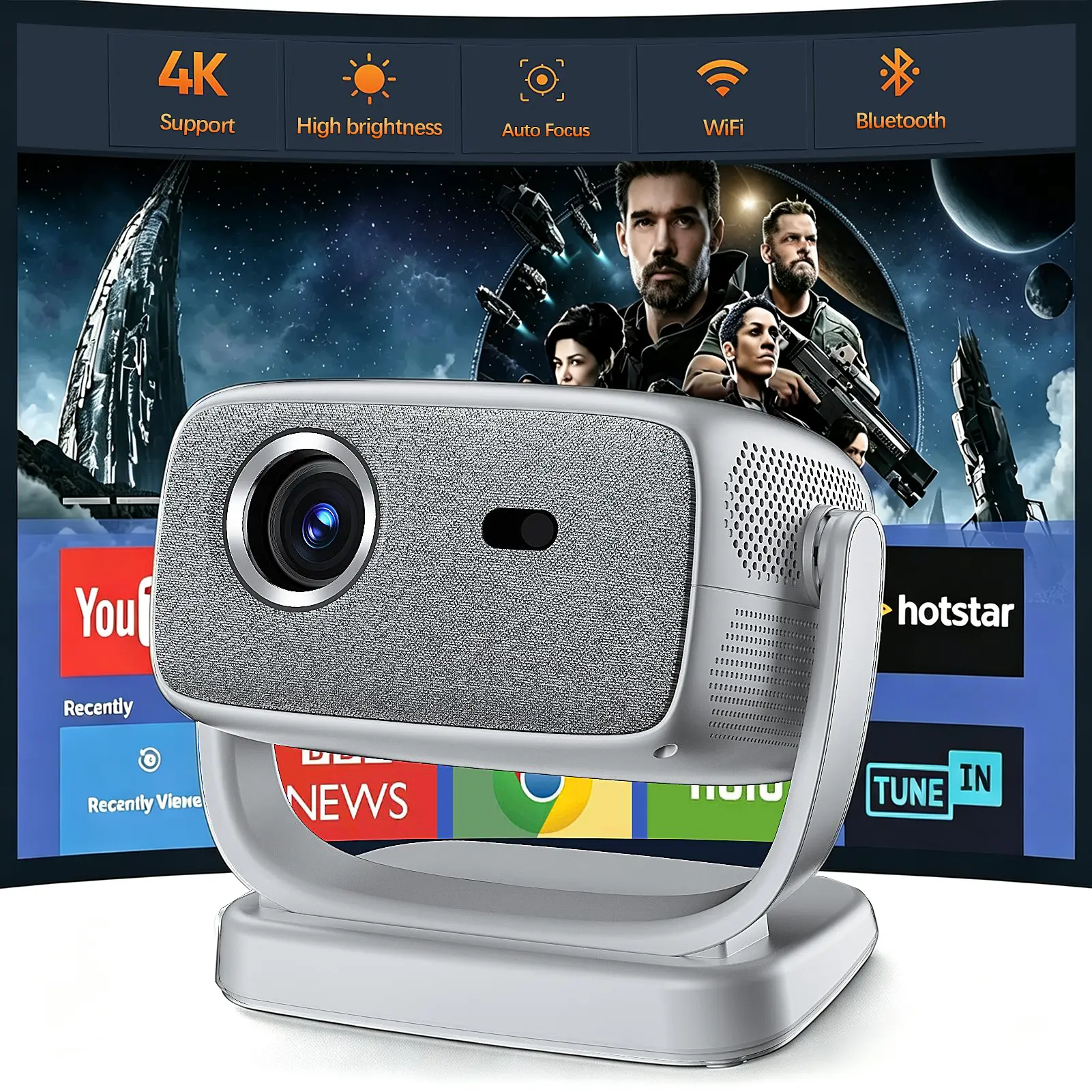 HUANLETOU Wireless High-Definition Autofocus Smart Android Projector with Build-in Audio,  1080p/4k support, Auto Trapezoidal Correction, 150-in Screen, US Warehouse, for Home Theater Outdoor Use, Wireless Projector, High-Definiti sohochic