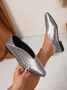 Women's Wide-Width Spring Fall Fashion Pointed Toe Shoes, Low Heel Chunky Rubber Sole Slip On Asymmetrical Print Mules, Elegant Comfortable PU Leather