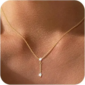 Gold & Silver Necklaces for Women 14K Plated, Dainty Y-Shaped CZ Drop Pendant Chain, Adjustable Trendy Jewelry Gift for Valentine's Day gifts Her