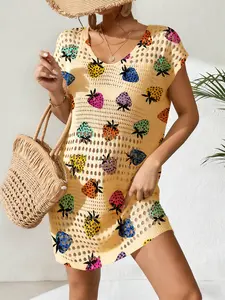 Elegant Women's Strawberry Print Sweater Dress, Spring Summer Casual Short Sleeve Knitdress, Breathable Daily Wear