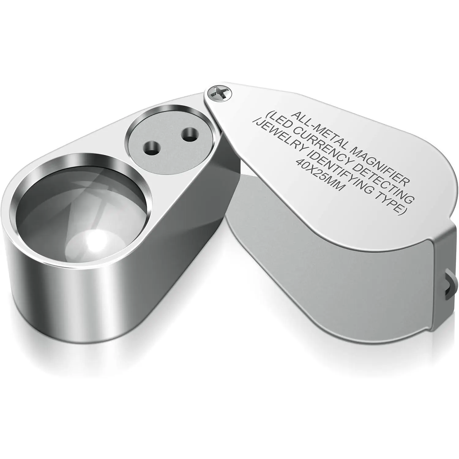 40X Handheld Jewelers Loupe Magnifying Glass - LED-UV Light Illuminated, Optical Grade Glass, Durable Metal Construction, Easy to Carry Pocket Folding Loupe, 3 LR1130 Batteries, 3.1oz, for Beading, Close Work