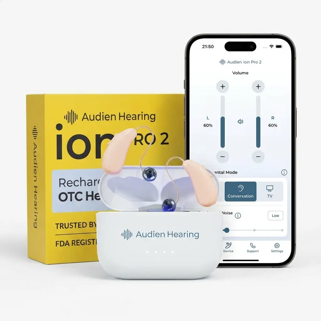 Audien ION Pro 2 OTC Hearing Aids for Adults – HSA/FSA Eligible, Premium Rechargeable In-Ear Hearing Aids with Bluetooth App Control, No Prescription Audien ION Pro 2 OTC Hearing Aids for Adults – HSA/FSA Eligible, Premium Rechargeable In-Ear Hearing Aids with Bluetooth App Control, No Prescription