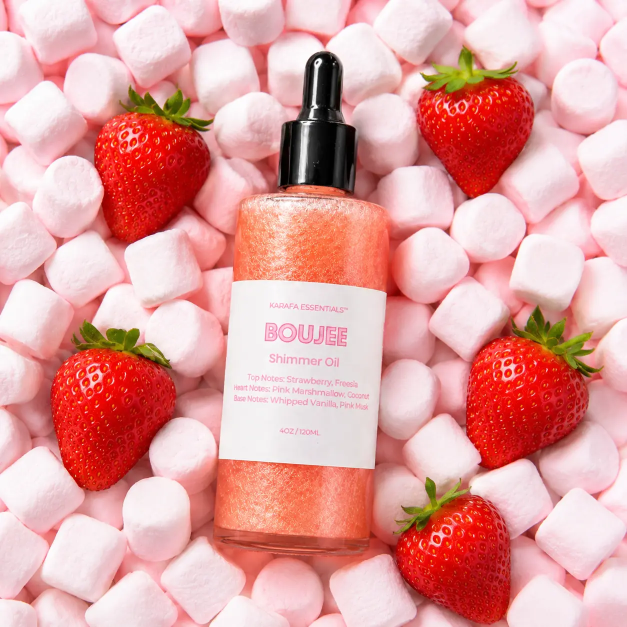 Boujee Moisturizing Body Oil Strawberry Freesia Pink Marshmallow Coconut Whipped Vanilla Pink Musk by Karafa Essentials