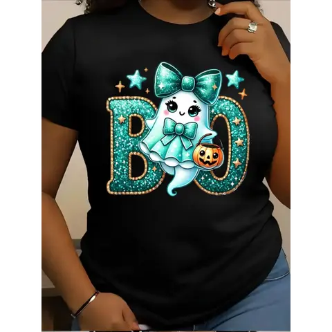Plus Size - Women'S Halloween T-Shirt - Glitter BOO Letters & Pumpkin Graphic - Black Tee - Plus Size Friendly - Halloween Party Outfit, Everyday Fall Celebration Shirt - Year-Round Casual Top, Halloween C Golf Gift T-Shirt For Men And Women