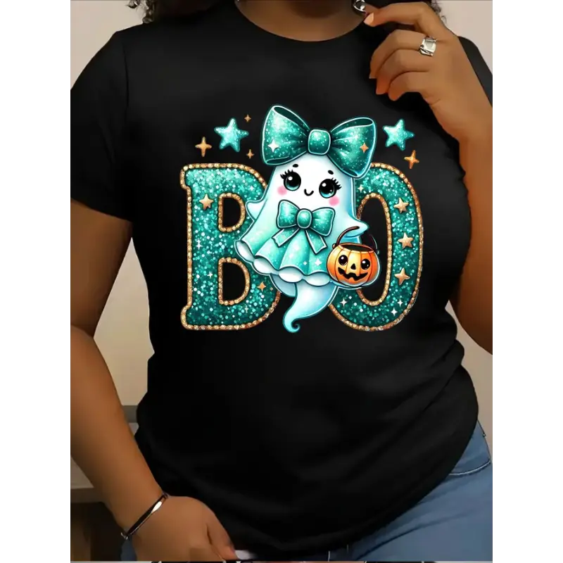 [100% pure cotton] Plus-size women's clothing - Halloween T-shirt - Sequin BOO letter and pumpkin pattern - Black T-shirt - Halloween party outfit, casual autumn celebration shirt, unisex Halloween C Golf gift T-shirt