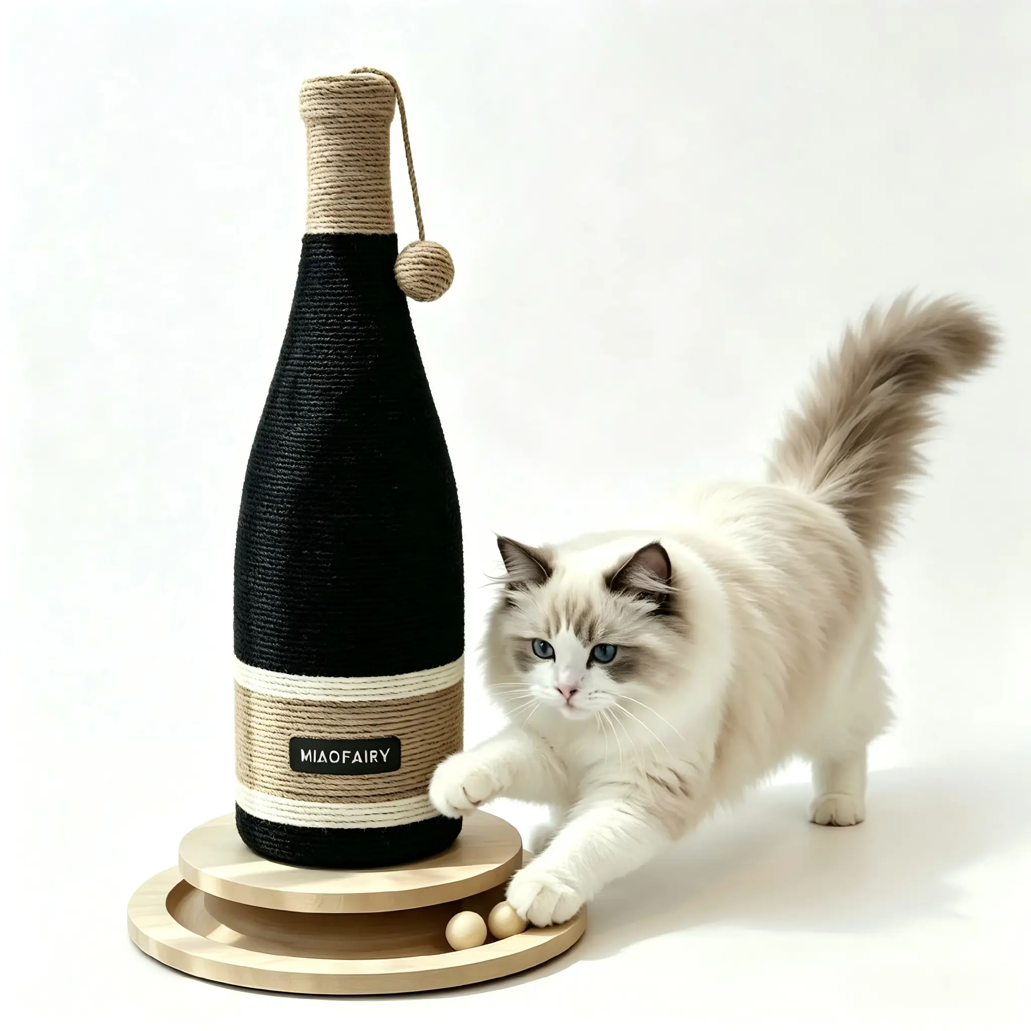 Wine Bottle Full Sisal Cat Scratching Post, No Scraps, Rolling Ball Track with Sisal Rope Hanging Ball, Interactive Toy for All Indoor Cats & Kittens
