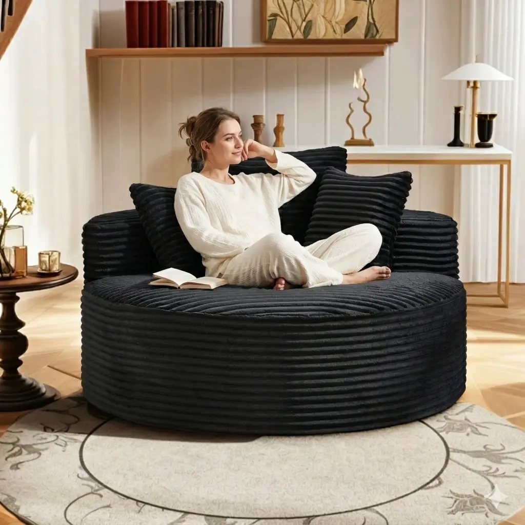 50 in Oversized Round Lounge Chair Sofa, No-Assembly Cloud Floor Couch with Padded Arms, Soft Ribbed Flannel, 300 lb Capacity for Bedroom Apartment