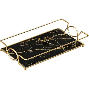 Counter Tray Gold Perfume Organizer Holder Cosmetics Makeup Skincare Display Decorative Trays Rack for Dresser Bedroom (1 Tier Black Gold-Small)