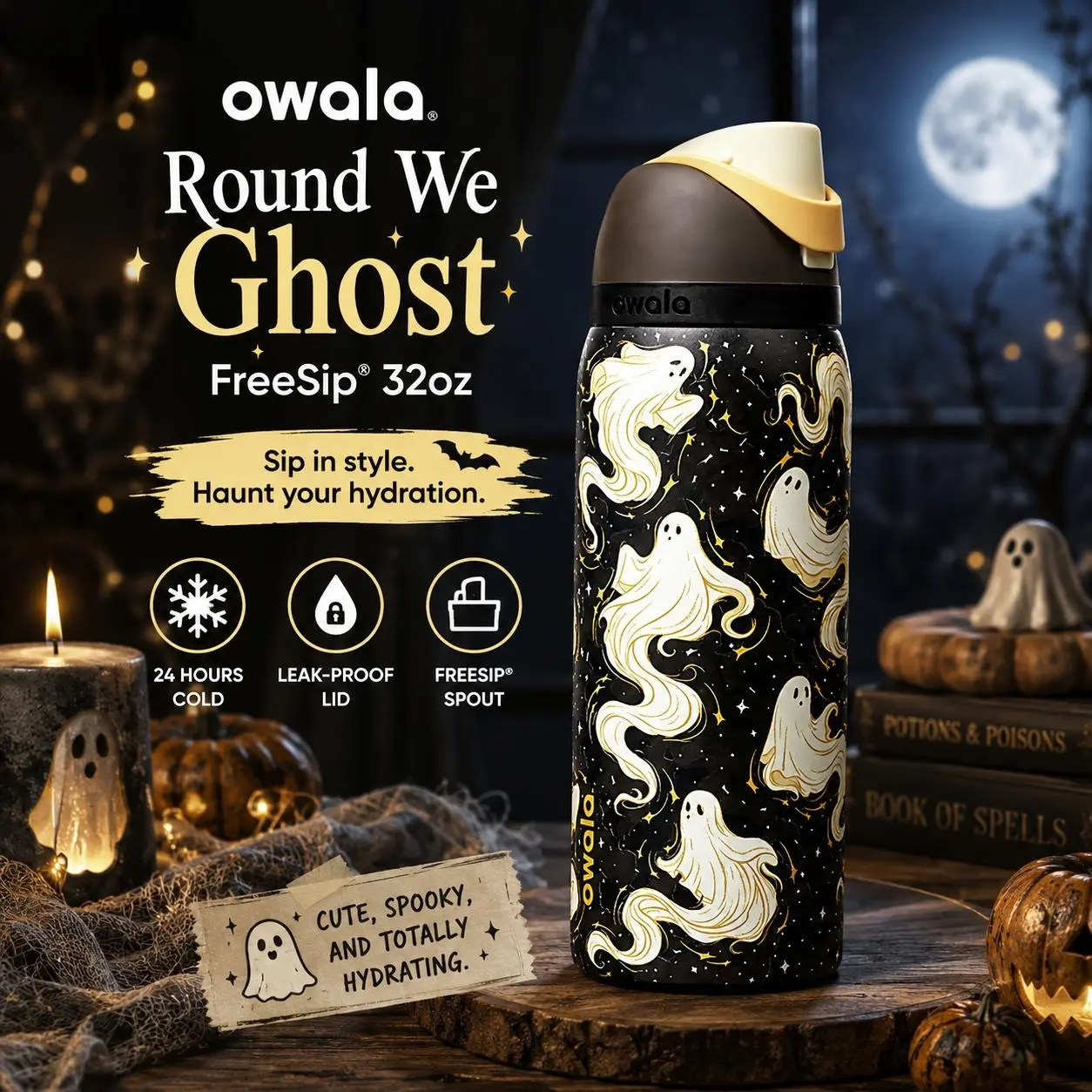 Owala Round We Ghost FreeSip 24oz-32oz Halloween Water Bottle Leakproof Insulated Stainless Steel Ghost Design Travel Gift