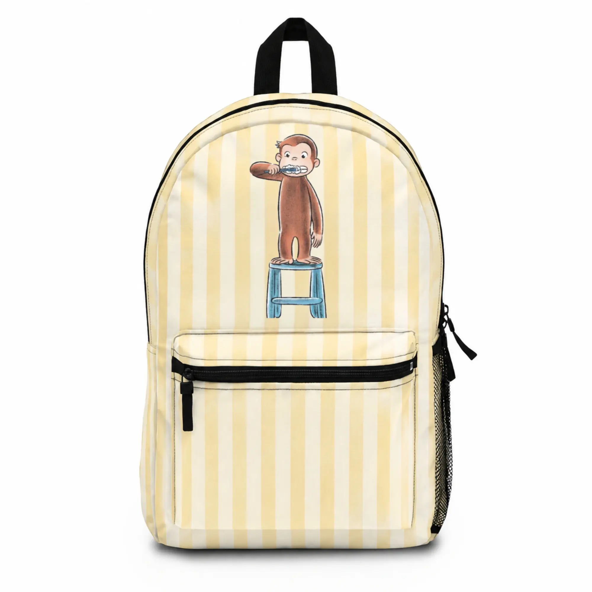 Curious George Backpack, Yellow Stripe School Bag, Cute Cartoon Bookbag, Vintage-Inspired Backpack, Preschool Backpack, Everyday Travel Bag