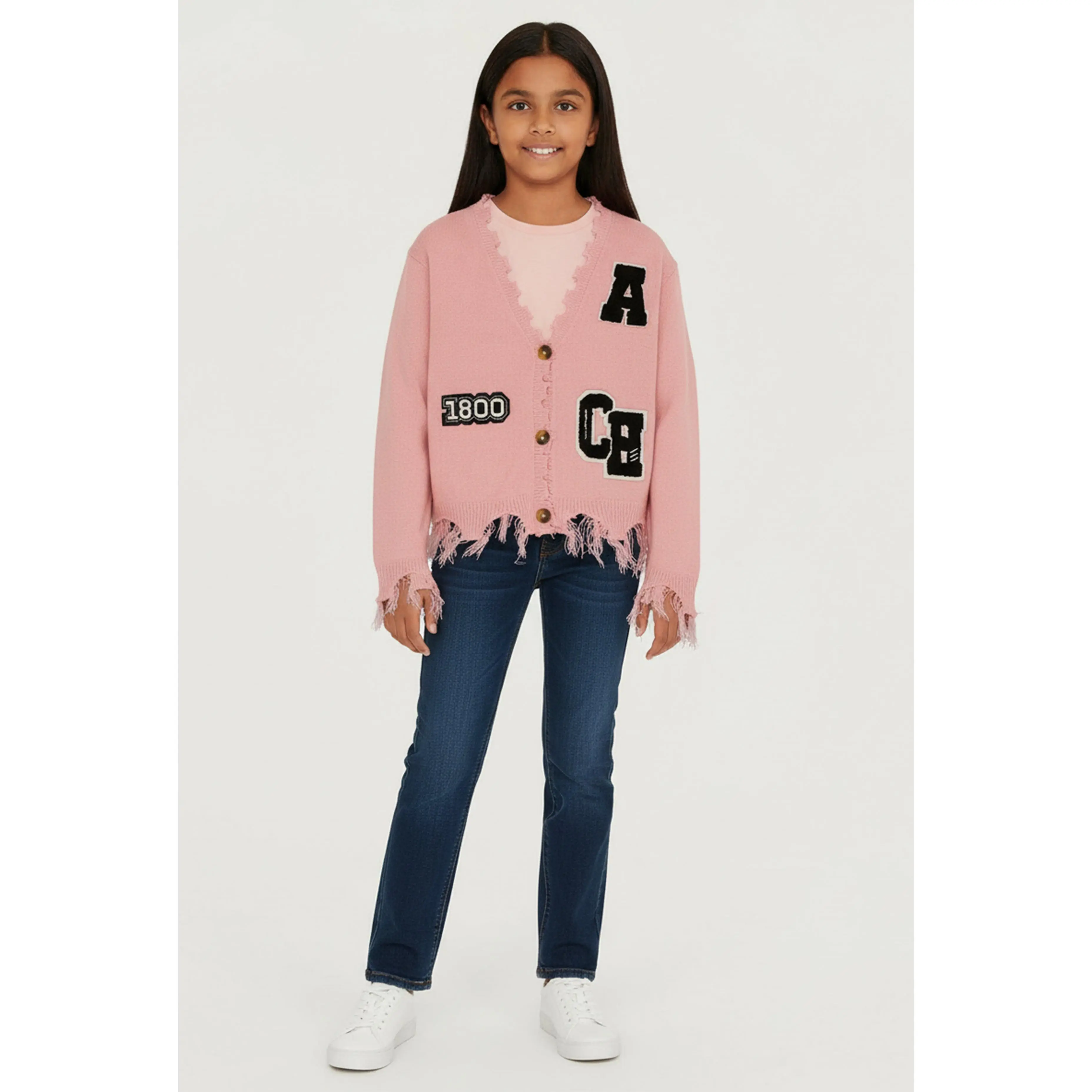 Girls Distressed V Neck Chenille Patch Graphic Cardigan