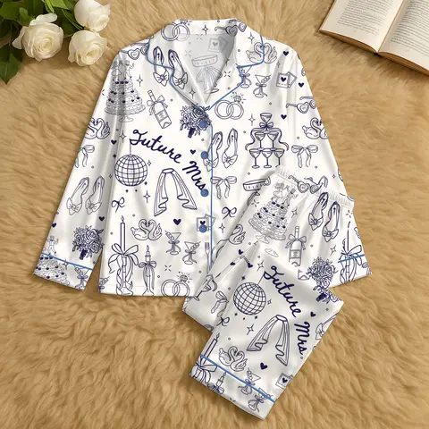Women’s Short Sleeve Polyester Satin Pajama Set - Future Mrs Bride-To-Be Gift, Engagement Style Nightwear & Loungewear with Smooth Fabric for Brides