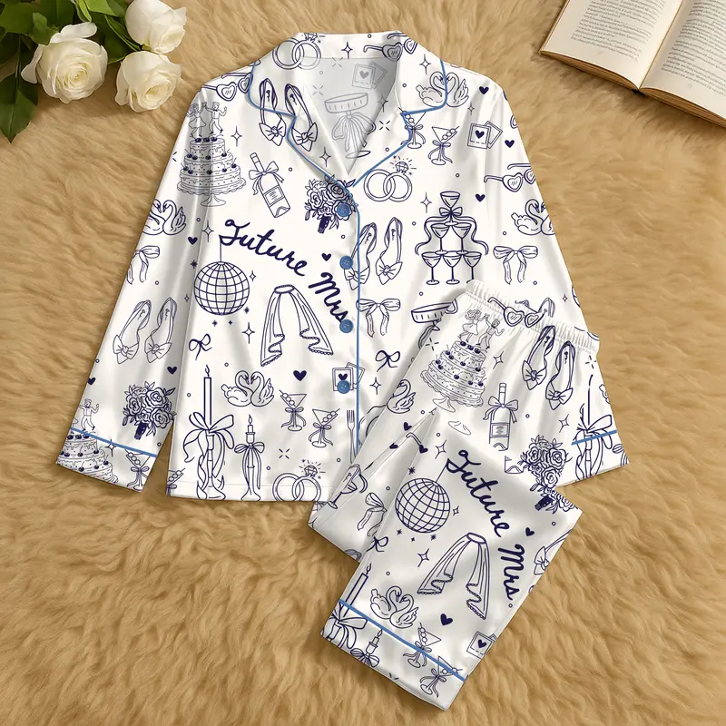 Women’s Short Sleeve Polyester Satin Pajama Set - Future Mrs Bride-To-Be Gift, Engagement Style Nightwear & Loungewear with Smooth Fabric for Brides