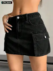 Women's High-Waisted A-Line Denim Mini Skirt, Retro Workwear Style, Large Pockets, Button, Fit, Perfect for Music Festivals, Dates, Casual Wear