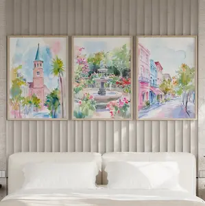 Cityscape Charleston SC Set of 3 Art Poster, Rainbow Row, Pineapple Fountain, Church Steeple, Love Shack Fancy Wall Poster